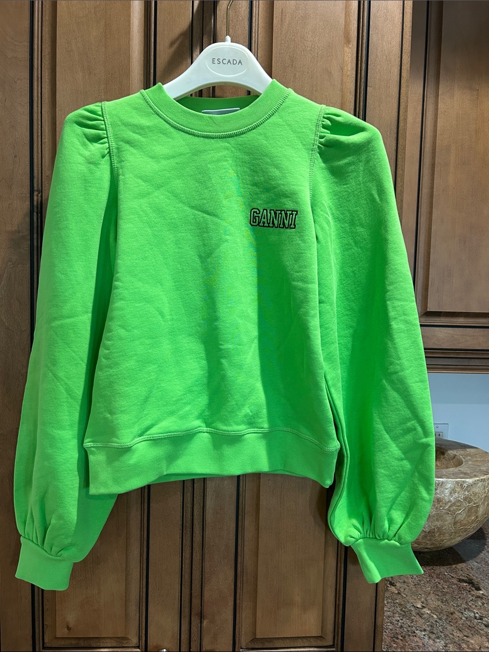 Ganni Neon Green Puff-Sleeve Crewneck Sweatshirt